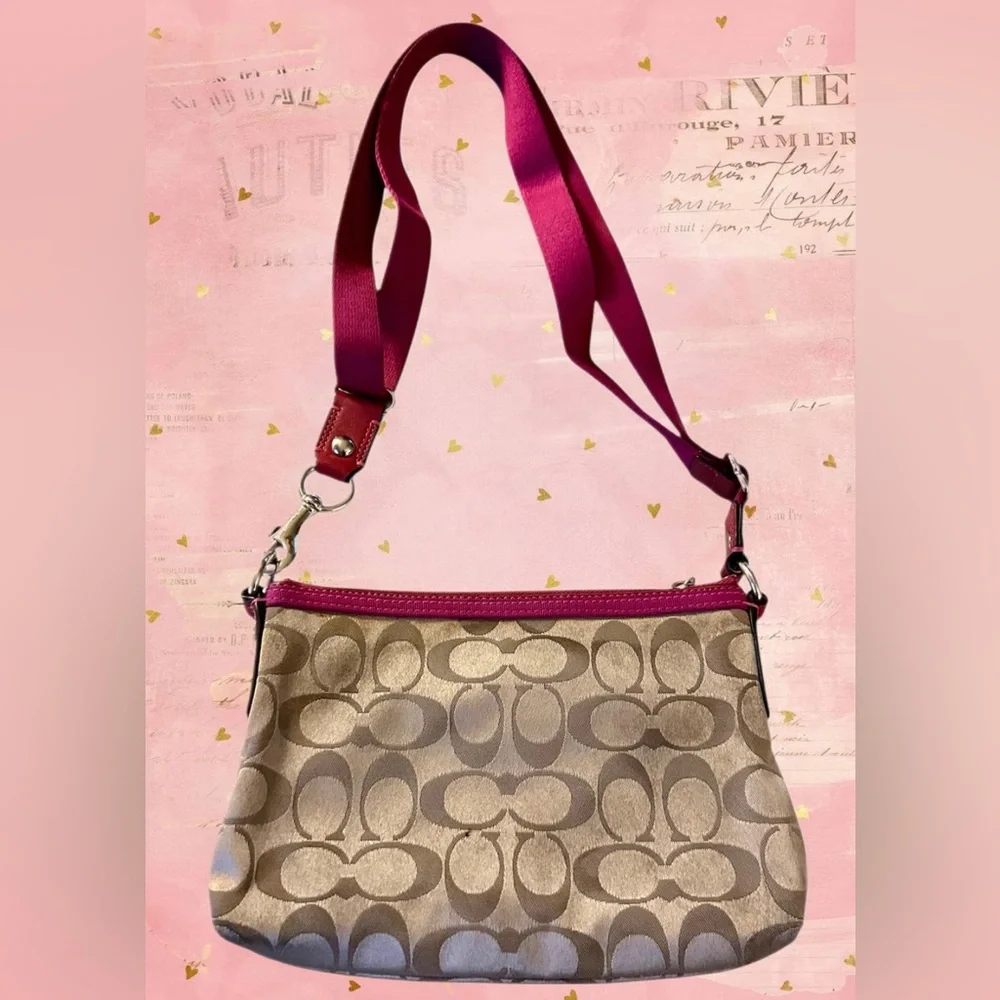 Coach Poppy Signature C Crossbody in Tan with Fuchsia- RARE Y2K Vintage